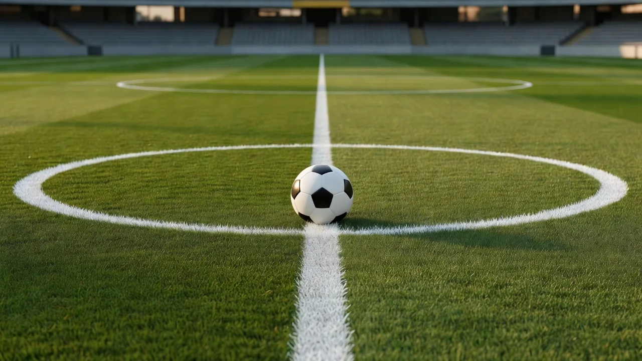 Un balón colocado sobre la línea del círculo central de un campo vacío.