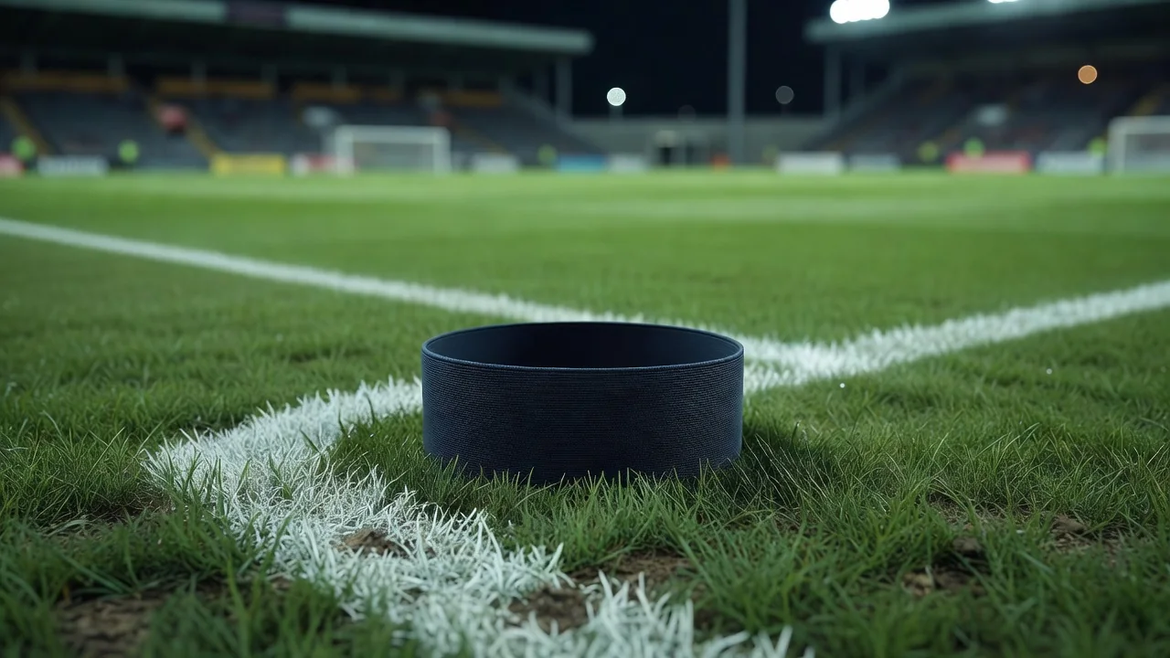 Un brazalete de capitán liso sobre el césped junto a la línea de banda.