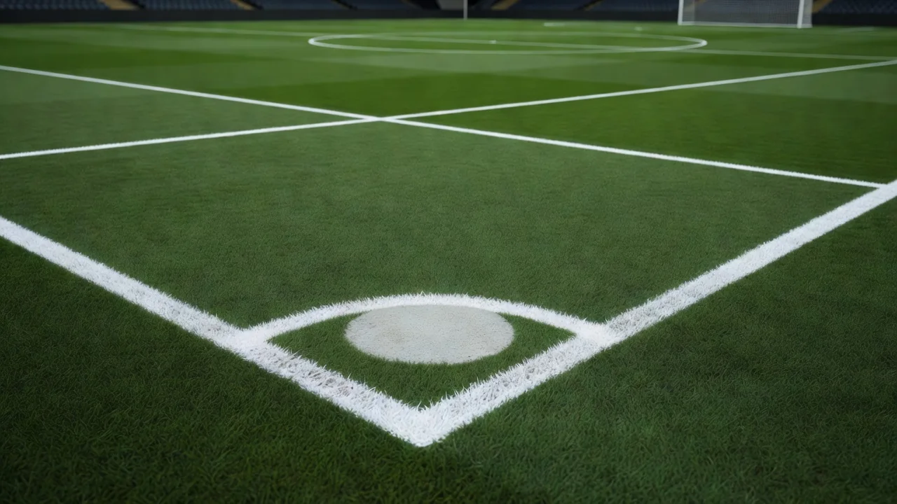 Las líneas del área y el punto de penalti en un campo vacío.
