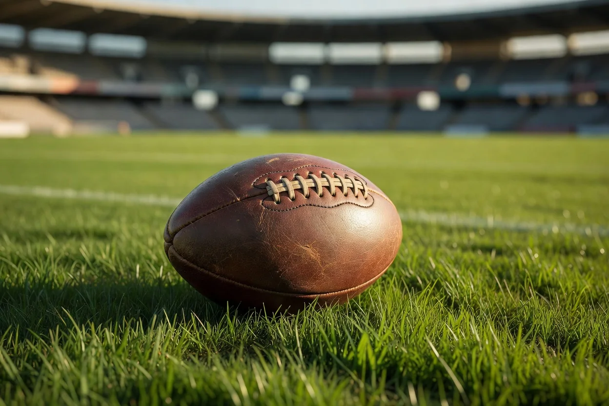 Un balón clásico de cuero marrón con cordones sobre el césped verde.