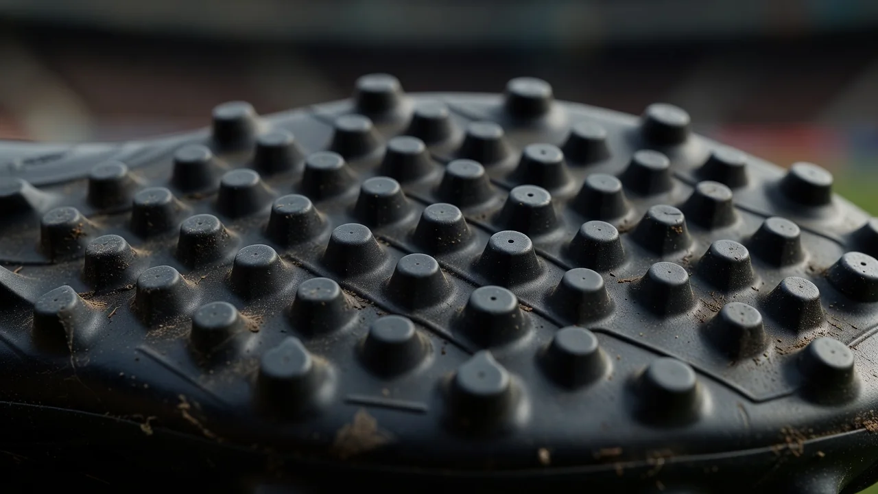 Las tachuelas de la suela de una bota de fútbol en primer plano.