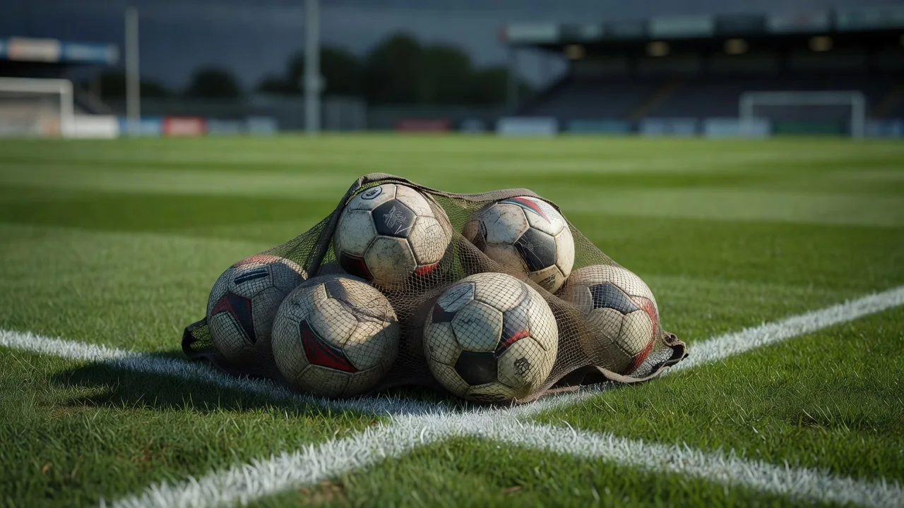 Un saco de red lleno de balones usados en la banda de un campo de hierba.