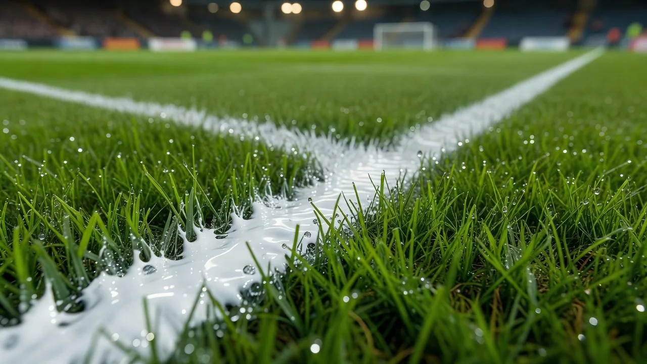 Líneas blancas recién pintadas sobre el césped húmedo con gotas de rocío.