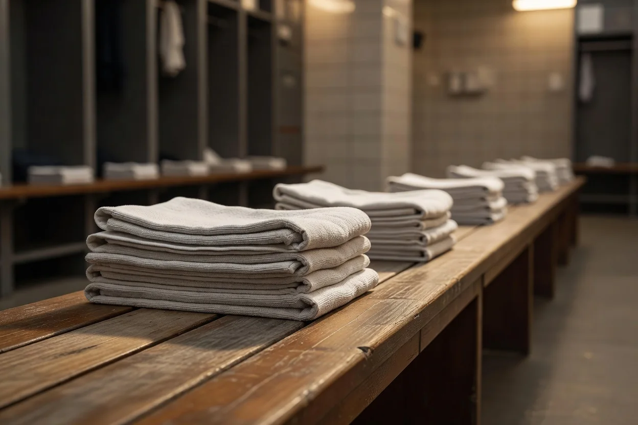 Un banco de madera de vestuario con toallas de entrenamiento dobladas.