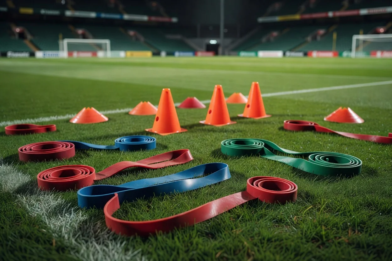 Bandas de resistencia y conos de entrenamiento sobre el césped.