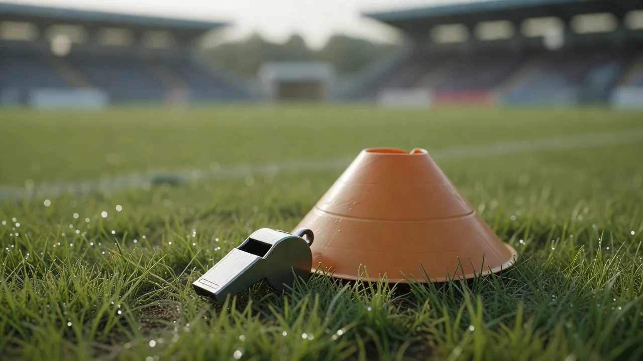 Un silbato de árbitro sobre el césped junto a un cono de entrenamiento.
