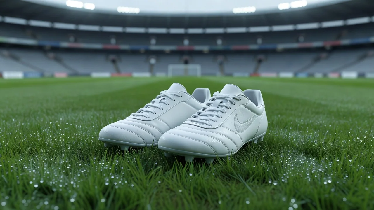 Un par de botas de fútbol blancas sobre el césped con rocío de mañana.